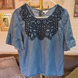 Cato Blue Denim Blouse with Black Lace Accent